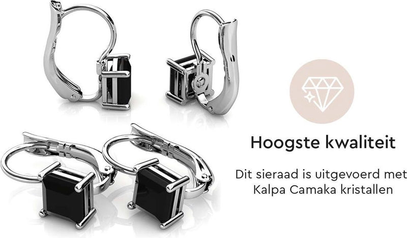 Yolora Dames Oorbellen met Kalpa Camaka Kristallen - Zilverkleurig - Zwart Kristal - 18K Witgoud Verguld - Vrouwen Oorhangers Zilver - Sieraden - Luxe Giftbox - Geschenkdoos - Cadeau doos - Exclusieve Geschenkverpakking - Mooie Cadeauverpakking