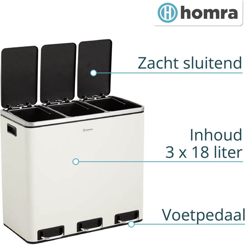 Homra Sparq Waste separation 3 Subjects - 3 x 18 L Content - 54 liters - White - Stainless steel - Trio pedal bin - 3 -sections Recycle Waste bimmer - Hygienic waste separation - White kitchen garbage box - Office trash - Pedal - Waste separation bin