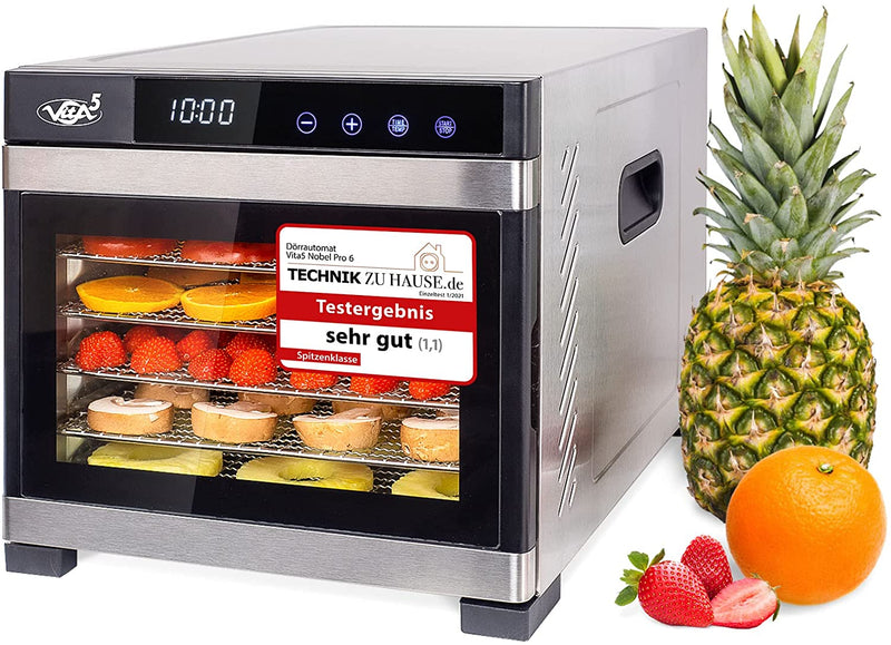 Vita5 Nobel Pro 6 Dehydrator - 6 Tray Deluxe Dörrautomat Edelstahl - Obsttrockner, Pilze Trockner and Dörrautomat Fleisch - permanent Dürrautomaten for modern homes