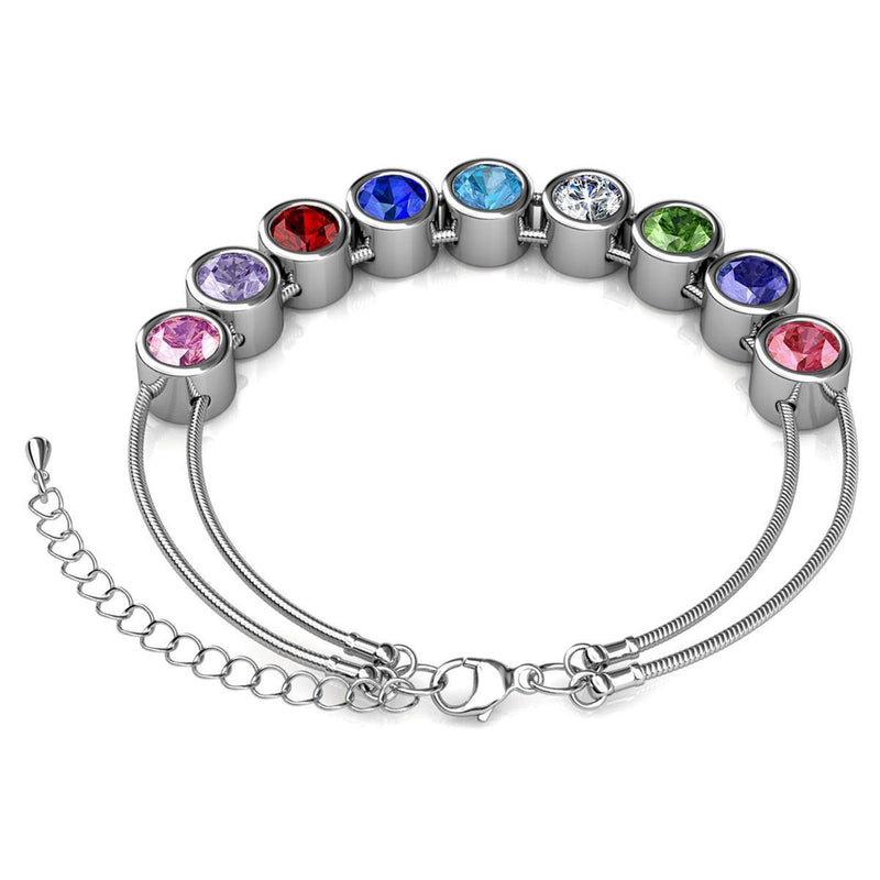 Yolora Dames Bedel Armband met 7 Gekleurde Kalpa Camaka Kristallen - Set van 7 Bedels - Zilverkleurig - 18K Witgoud Verguld - Cadeauverpakking