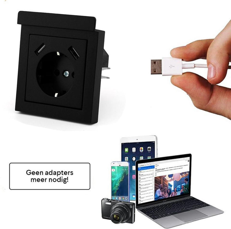 Homra Wondo USB Stopcontact Zwart met Telefoonhouder - Inbouw Wandcontactdoos met Houder - Glanzend Kunststof - Zwarte Wanddoos - Contactdoos - 2.400mA - 220 volt - USB Oplader - Snel Opladen - Randaarde - Europees - 90x80mm - Met Kinderbeveiliging