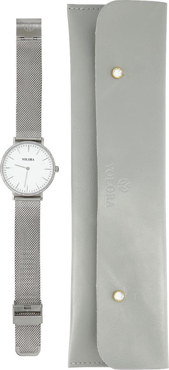 Yolora ladies watch with 120 Kalpa Camaka Crystals - ⌀ 37 mm - Silver colored stainless steel - 18k white gold gilt - Stainless steel - Silver stainless steel - Women jewelry - Gift box - Gift box - Exclusive Gift Package - Beautiful Gift Packing