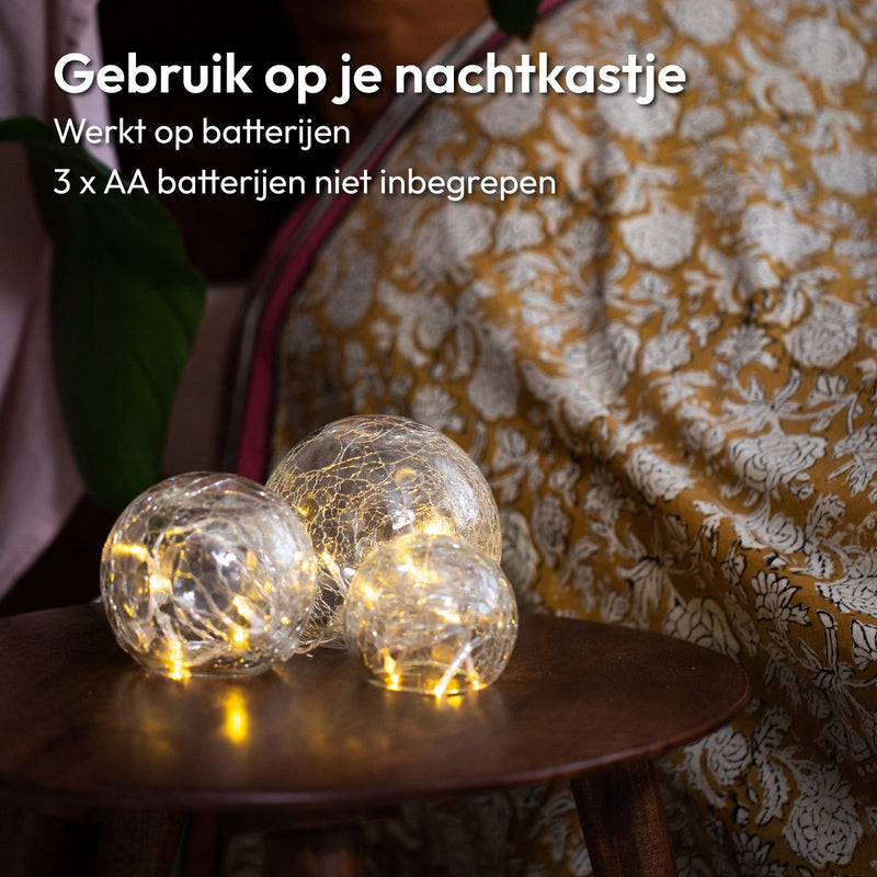 Gadgy Bollamp Glas met Lichtsnoer - 3 st: Ø 8/10/12 cm- Tafellamp op Batterijen - Sfeerverlichting