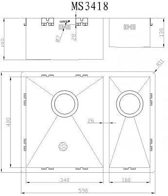 Mizzo Quadro Dubbele Spoelbak L 34-18X40CM - 1,5 spoelbak - Wasbak Keuken - Onderbouw / Vlakbouw / Inbouw - RVS