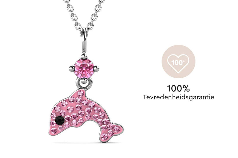 Yolora Kids Ketting - Dolfijn Hanger - Kalpa Camaka Kristallen - Zilver/Roze - 18K Witgoud Verguld - Kind - Meisjes Collier Zilverkleurig - Sieraden Kinderen - Luxe Giftbox - Geschenkdoos - Cadeau doos - Geschenkverpakking - Cadeauverpakking