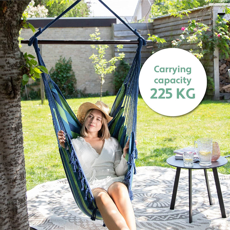 Vita5 hanging chair for outside, stable and safe hanging chair, stylish hanging chair, for indoors and outdoors, swing for adults and children, comfortable boho room decoration, 250 kg bearing capacity (green/blue)