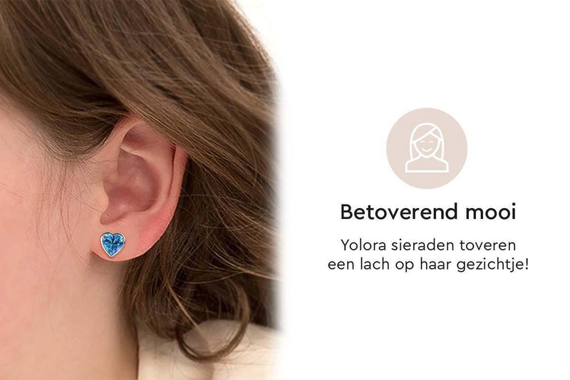 Yolora Kids Meisjes Oorbellen Hartje met Blauwe Kalpa Camaka Kristallen - Zilver/Blauw kleurig - 18K Witgoud Verguld