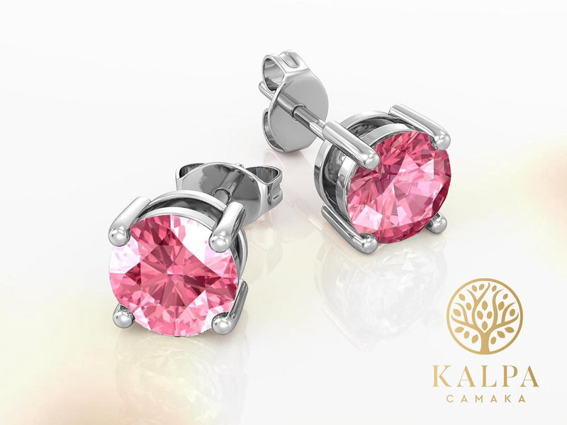 Yolora Ladies Round Earrings With Pink Kalpa Camaka Crystals - Silver Colorful - 18k White Gold Gilt Ear buttons