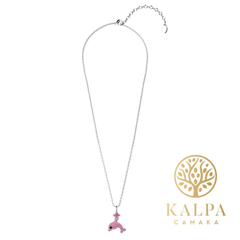 Yolora Kids Ketting - Dolfijn Hanger - Kalpa Camaka Kristallen - Zilver/Roze - 18K Witgoud Verguld - Kind - Meisjes Collier Zilverkleurig - Sieraden Kinderen - Luxe Giftbox - Geschenkdoos - Cadeau doos - Geschenkverpakking - Cadeauverpakking