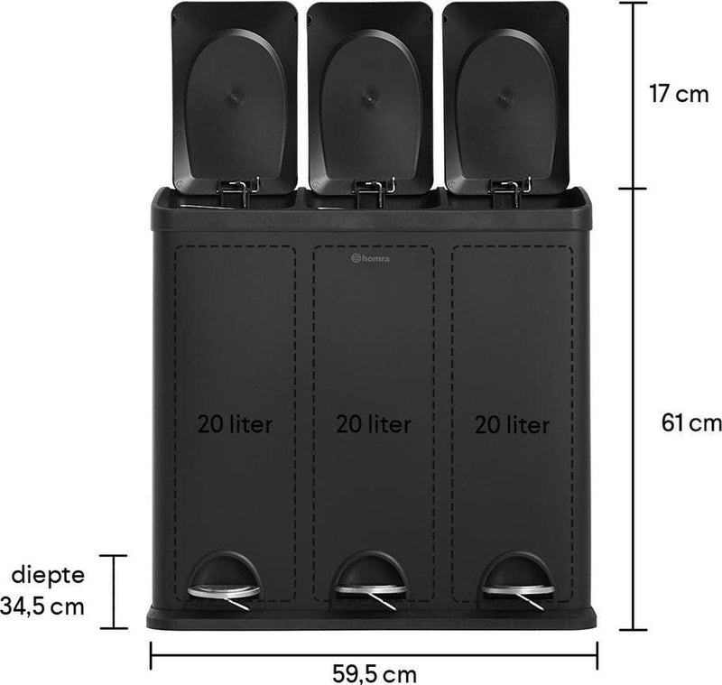 Homra Maxer Pedal bin - Trash 3 subjects - Waste bin 60 liters (3x 20L)