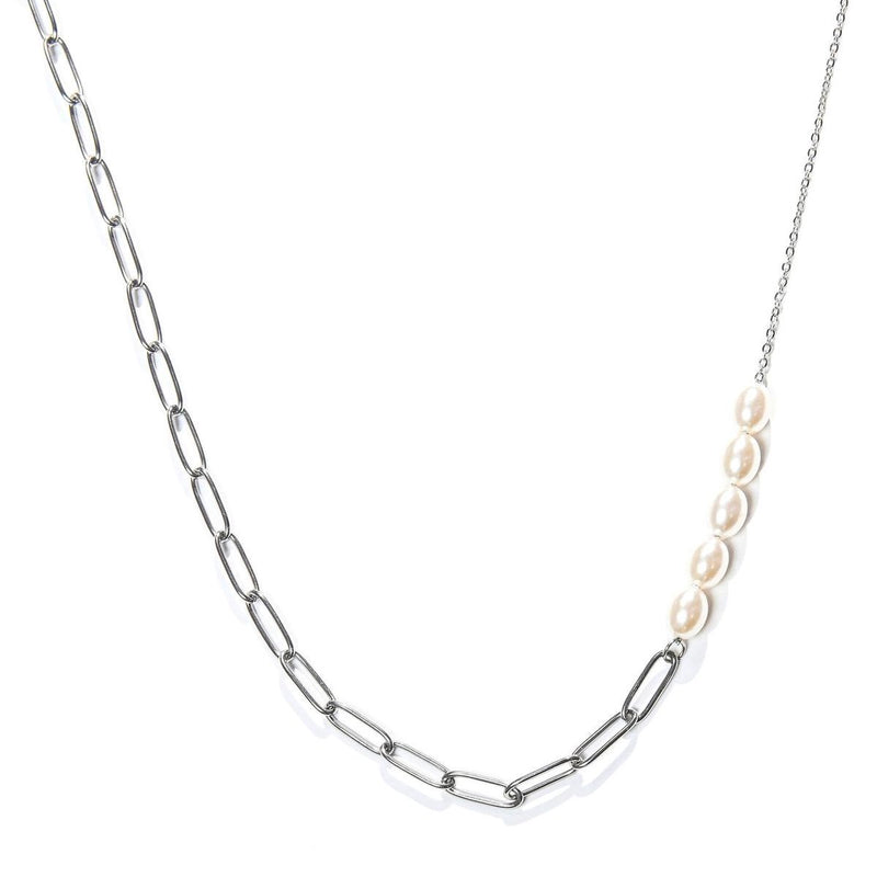 Laura Ferini Dames Ketting Perla Zilver - Zilverkleurige Asymmetrische Schakelketting met Parels - 18K Witgoud Verguld - Halsketting - Collier - Sieraad - Accessoires - Dames Ketting met Parels