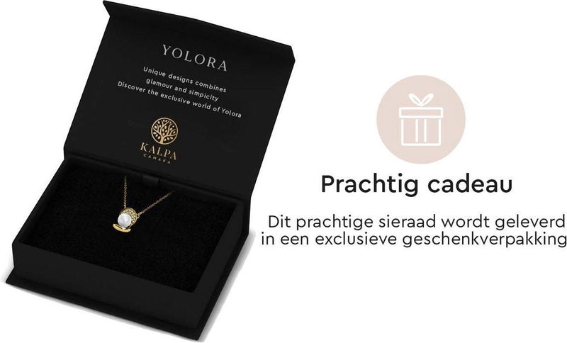 Yolora Dames ketting met Hanger - Parel en 52 Kalpa Camaka Kristallen - Goudkleurig - 18K Geelgoud Verguld - Vrouwen Collier Goud - Sieraden - Luxe Giftbox - Geschenkdoos - Cadeau doos - Exclusieve Geschenkverpakking - Mooie Cadeauverpakking