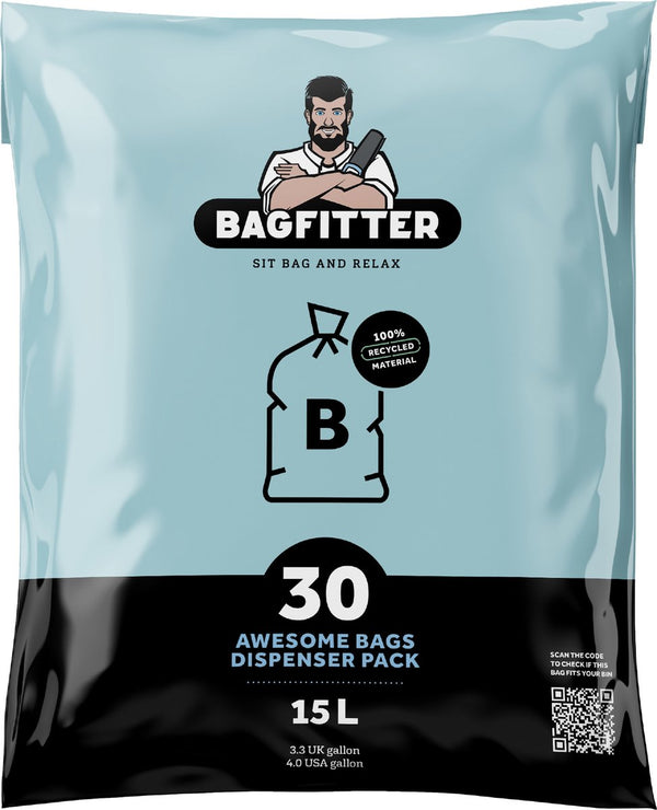 Bagfitter Blue B 15l garbage bag with tape tape made of 100% recycled plastic - 59.5 cm x 40cm - 30 pieces - 15 liters - garbage bags - waste bags - trash bags suitable for, among other things, Homra Kick Me 3x15L
