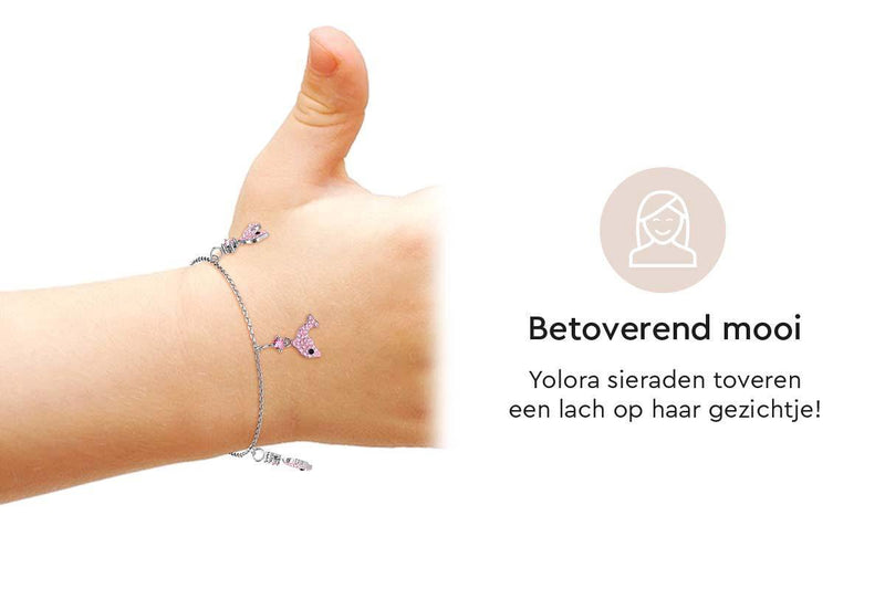 Yolora Kids Armband - Dolfijn Bedels - Kalpa Camaka Kristallen - Zilver/Roze - 18K Witgoud Verguld - Kind - Meisjes Bedelarmband Zilverkleurig - Sieraden Kinderen - Luxe Giftbox - Geschenkdoos - Cadeau doos - Geschenkverpakking - Cadeauverpakking