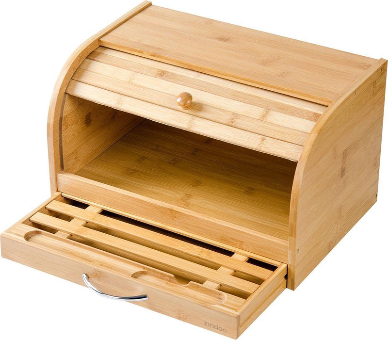 Zindoo Bamboe Broodtrommel - Brooddoos inclusief Broodmes - Broodtrommel met Rolluik - Bamboe Vershouddoos - Duurzaam Hout - Brood Bewaardoos - Brood Vers Houden - Inclusief Broodmes - Bamboo Broodbox - FSC Bamboe - ZIN-BBB-01