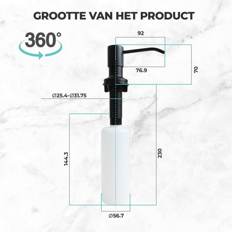 Mizzo Inbouw Zeepdispenser 300ML - Zeeppompje Zwart 360° draaibaar - 26-31mm gat in spoelbak of keukenblad - Gebogen Mond - Mat Zwart