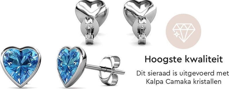 Yolora Kids Meisjes Oorbellen Hartje met Blauwe Kalpa Camaka Kristallen - Zilver/Blauw kleurig - 18K Witgoud Verguld