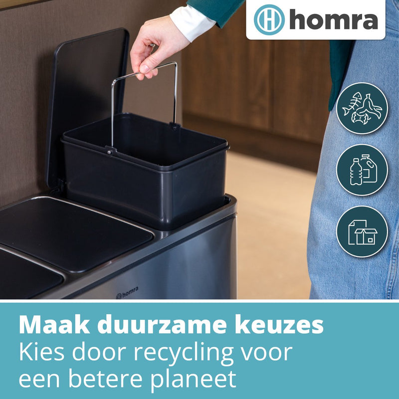 Homra SPARQ Afvalscheiding prullenbak met 3 vakken - 3 x 18 L inhoud - 54 Liter - RVS - Trio pedaalemmer - 3-vaks Recycle Afvalemmer - Hygiënisch Afval Scheiden - Vuilbak Zilver - Kantoor Prullenbak - Pedaal Emmer - Afvalscheidingsprullenbak