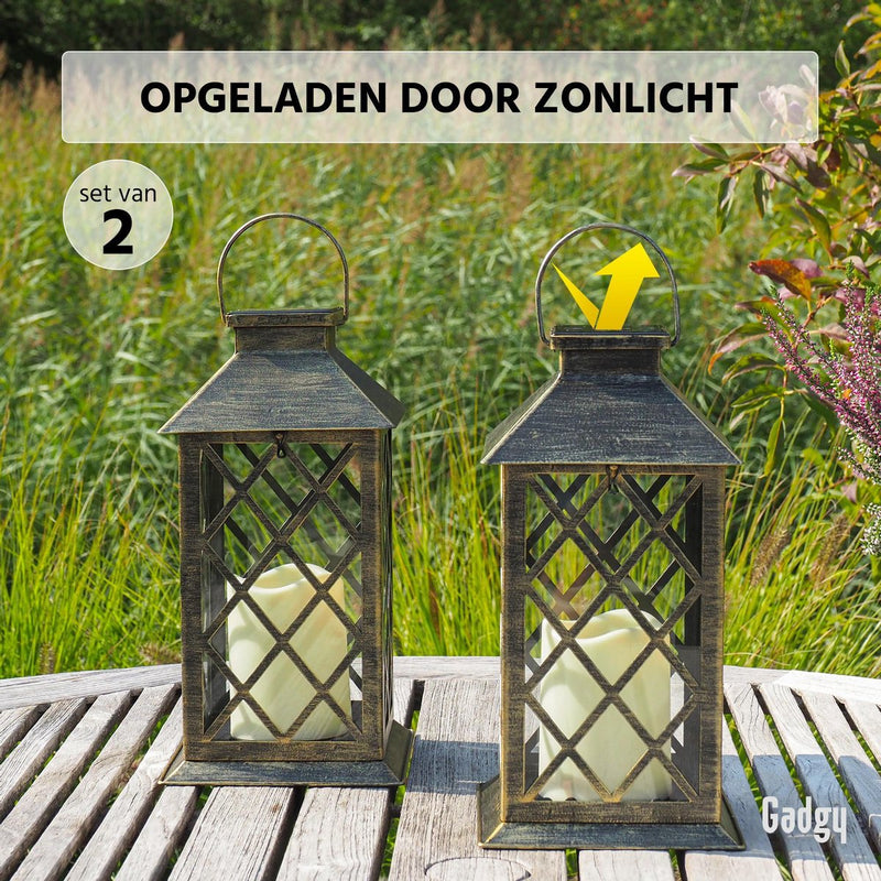 Gadgy Solar Lantaarn met Led Kaars - 2 stuks