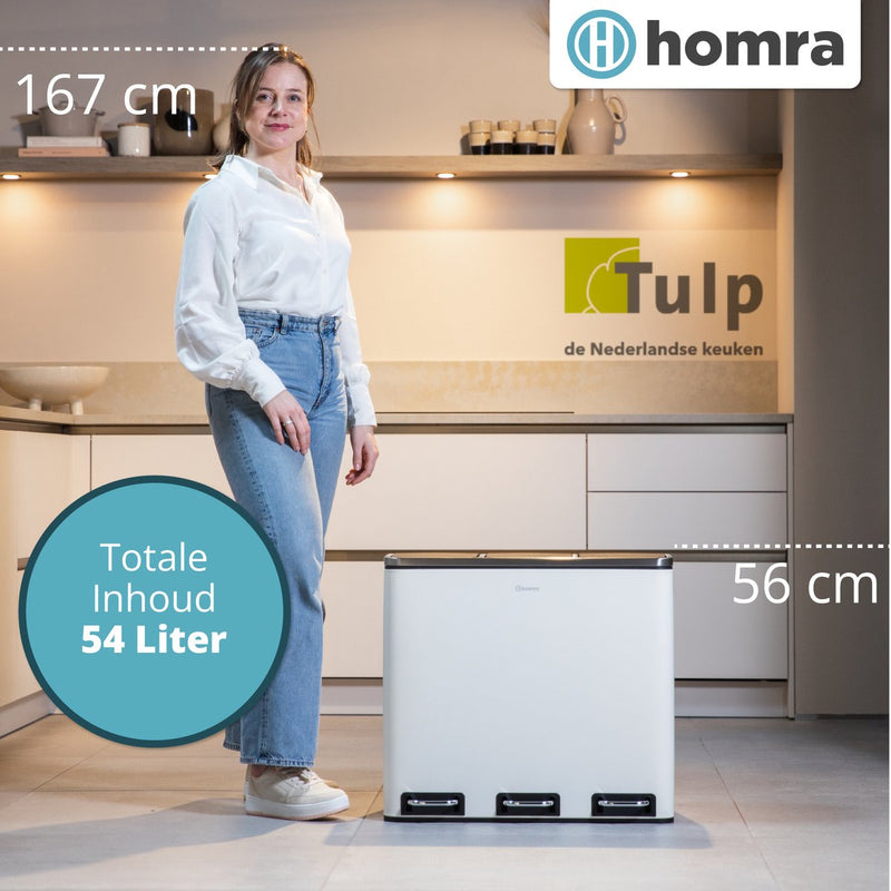 Homra Sparq Waste separation 3 Subjects - 3 x 18 L Content - 54 liters - White - Stainless steel - Trio pedal bin - 3 -sections Recycle Waste bimmer - Hygienic waste separation - White kitchen garbage box - Office trash - Pedal - Waste separation bin