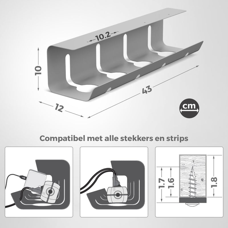 Stilemo Kabelgoot Bureau - Kabelhouder 43 CM - Kabel Organizer 5 KG Draagkracht - Grijs