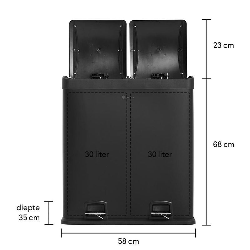 Homra NEVIQ Afvalscheiding prullenbak met 2 vakken - 2 x 30 L inhoud - Duo pedaalemmer in mat Zwart - 2-vaks Afvalemmer 60 Liter - Hoogwaardig RVS - Pedaal Vuilbak - Hygiënisch Afval scheiden - Zwarte Duo Prullenbak - Dubbele vuilnisbak
