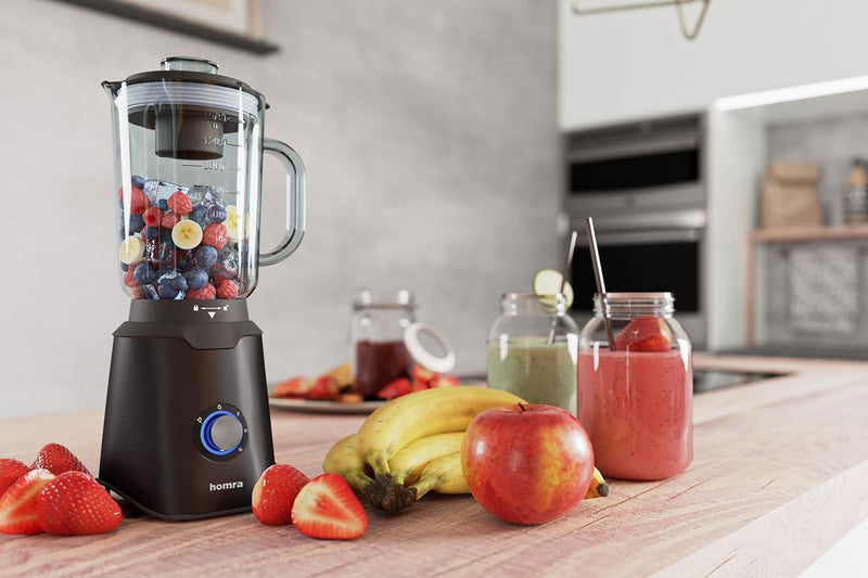 Homra Blender met glazen schenk kan - 1500 ml - 1000 Watt - Zwart - RVS - Met Handige Maatbeker - BPA vrij - 1,5 Liter - 3 Standen - Anti-Slip onderkant - Pulse Knop - Mengkom van Glas - Smoothie Mixer - IJscrush – Vaatwasserbestendig