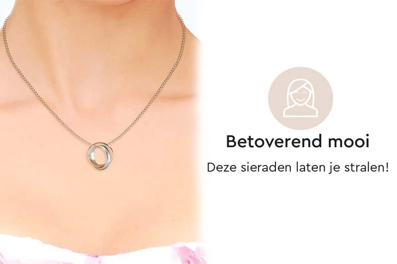 Yolora Dames Ketting met Kalpa Camaka Kristal - Hanger Ringen - Zilver- en Rosé kleurig - 18K Witgoud en Roségoud Verguld - Vrouwen Collier Zilver/Rose gold - Cadeauverpakking