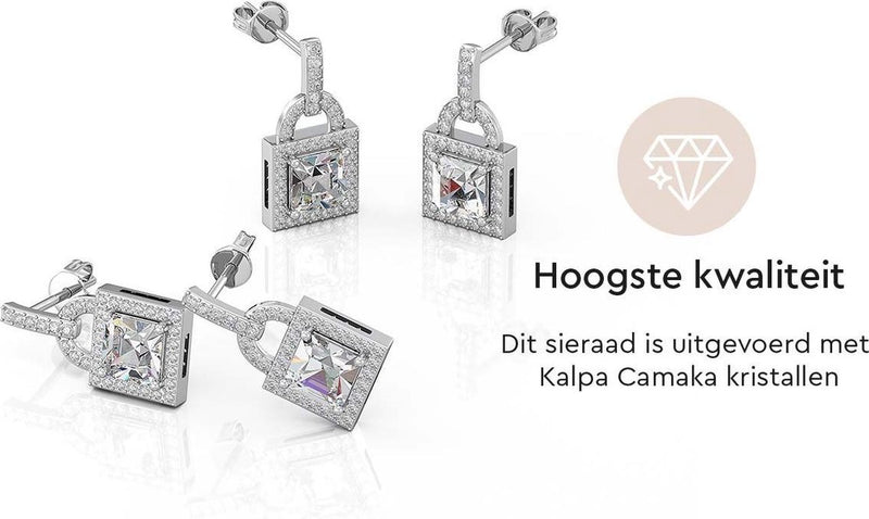 Yolora Dames Oorbellen Slotje - Kalpa Camaka Kristallen - Zilverkleurig - 18K Witgoud Verguld - Vrouwen Oorhangers Zilver - Sieraden - Luxe Giftbox - Geschenkdoos - Cadeau doos - Exclusieve Geschenkverpakking - Mooie Cadeauverpakking