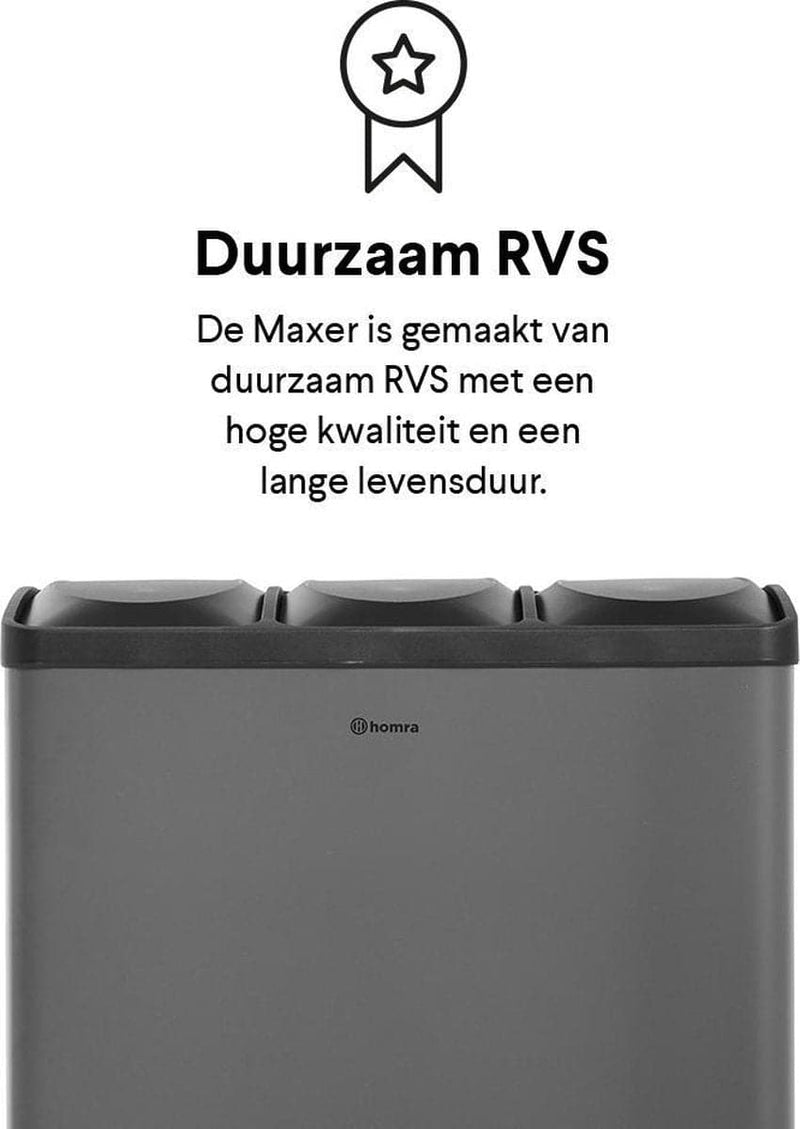 Homra MAXER pedaalemmer – Prullenbak 3 vakken – Grijze Afvalemmer 60 Liter (3x 20L) – Trio prullenbak Grijs – RVS - 3-vaks Prullenbak Afvalscheiding – Afvalbak RVS – Hygiënisch Recyclen - Afval Scheiden - Pedaal Prullenbak Grijs