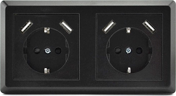 Homra Brock Double USB Socket Schwarz - gebaut - in der Wand Sockel - glänzender Kunststoff - Schwarzer Wandkasten - Kontaktbox - 5.600 mA - 220 Volt - USB -Ladegerät - Schnellladung - Fast Ladung - Randard - Europäer - 80x80 mm - mit Kindersicherheit