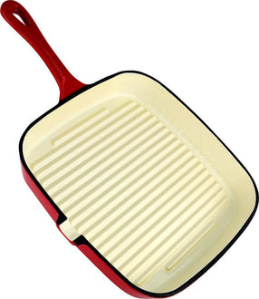 Daumonet Auguste Rouge Gusseisengrill Pfanne - Steakpfanne - Quadrat mit Ausgießen - 23,5 cm - 2 Liter - Emaille - Kirschrot - geeignet für alle Wärmequellen - Elektrisch - Gas - Halogen - Induktion - Keramik - Spülmittelresistent