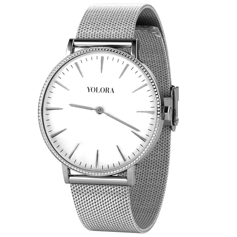 Yolora ladies watch with 120 Kalpa Camaka Crystals - ⌀ 37 mm - Silver colored stainless steel - 18k white gold gilt - Stainless steel - Silver stainless steel - Women jewelry - Gift box - Gift box - Exclusive Gift Package - Beautiful Gift Packing