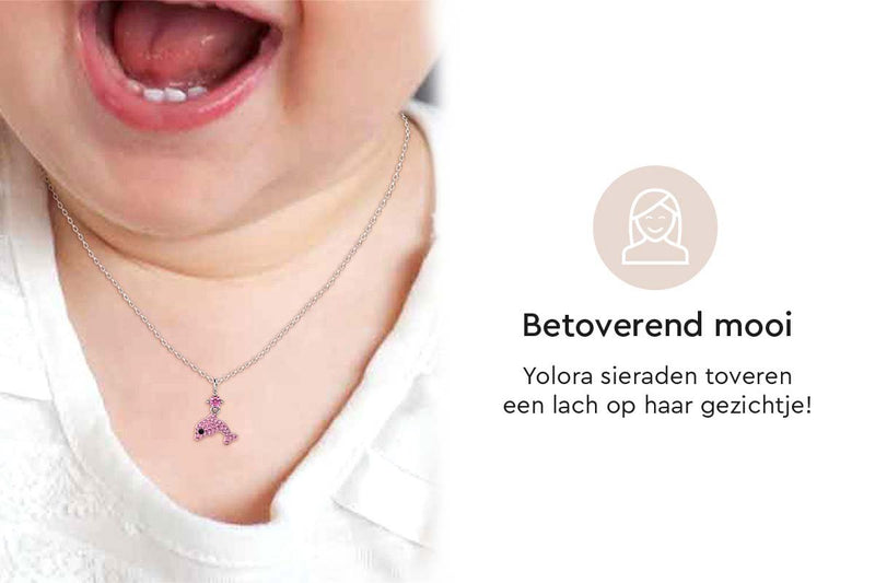 Yolora Kids Ketting - Dolfijn Hanger - Kalpa Camaka Kristallen - Zilver/Roze - 18K Witgoud Verguld - Kind - Meisjes Collier Zilverkleurig - Sieraden Kinderen - Luxe Giftbox - Geschenkdoos - Cadeau doos - Geschenkverpakking - Cadeauverpakking