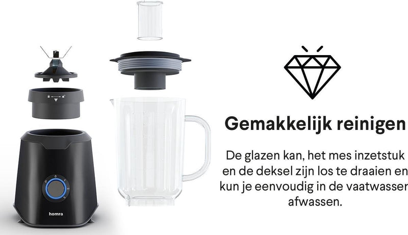 Homra Blender met glazen schenk kan - 1500 ml - 1000 Watt - Zwart - RVS - Met Handige Maatbeker - BPA vrij - 1,5 Liter - 3 Standen - Anti-Slip onderkant - Pulse Knop - Mengkom van Glas - Smoothie Mixer - IJscrush – Vaatwasserbestendig