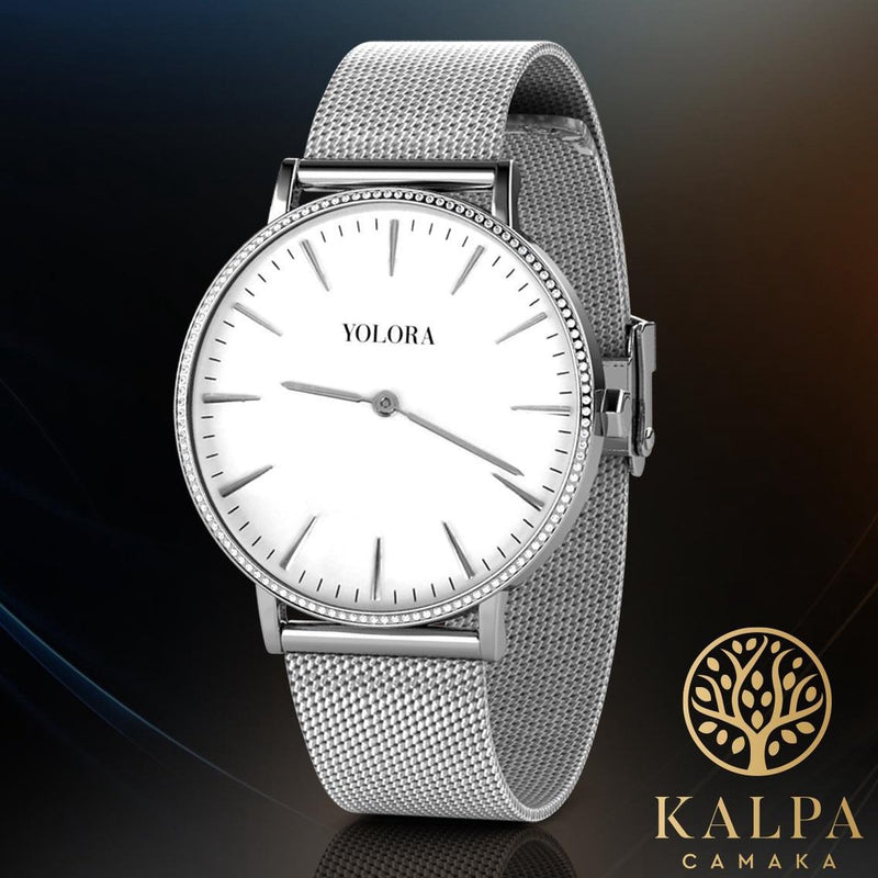 Yolora ladies watch with 120 Kalpa Camaka Crystals - ⌀ 37 mm - Silver colored stainless steel - 18k white gold gilt - Stainless steel - Silver stainless steel - Women jewelry - Gift box - Gift box - Exclusive Gift Package - Beautiful Gift Packing