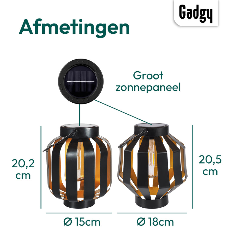 Gadgy Solar Lantaarn Gloeilamp– Set van 2 – Zwart – Metaal - Solar Tuinverlichting op Zonneenergie – Led Buitenverlichting met dag/nacht Sensor – Tafellamp - Hanglamp - Tuinlantaarn – 20.5 x Ø 18 cm