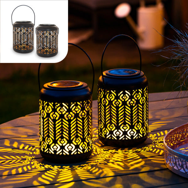 Gadgy Solar Lantern Pauw - Set 2 - Schwarz/Gold - Metall - Solargartenbeleuchtung auf Solarenergie - LED -Außenbeleuchtung mit Tag/Nacht -Sensor - Tischlampe - Hanglampe - Gartenlaterne - 27 x Ø 12,5 cm