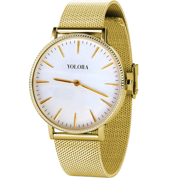 Yolora Dames Horloge met 120 Kalpa Camaka Kristallen - ⌀ 37 mm - Goudkleurig Edelstaal - 18K Geelgoud Verguld - Stainless Steel - Goud RVS - Vrouwen Sieraden - Geschenkdoos - Cadeau doos - Exclusieve Geschenkverpakking - Mooie Cadeauverpakking