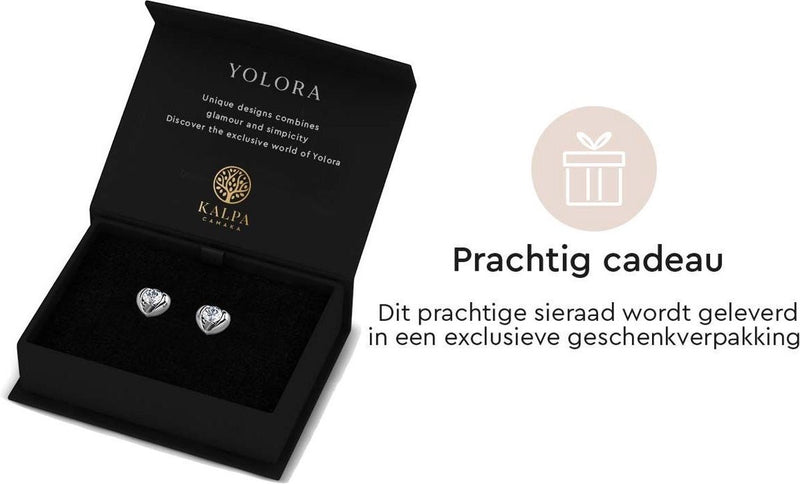 Yolora Dames Oorbellen Hartje met Kalpa Camaka Kristallen - Zilver kleurig - 18K Witgoud Verguld - Oorknoppen