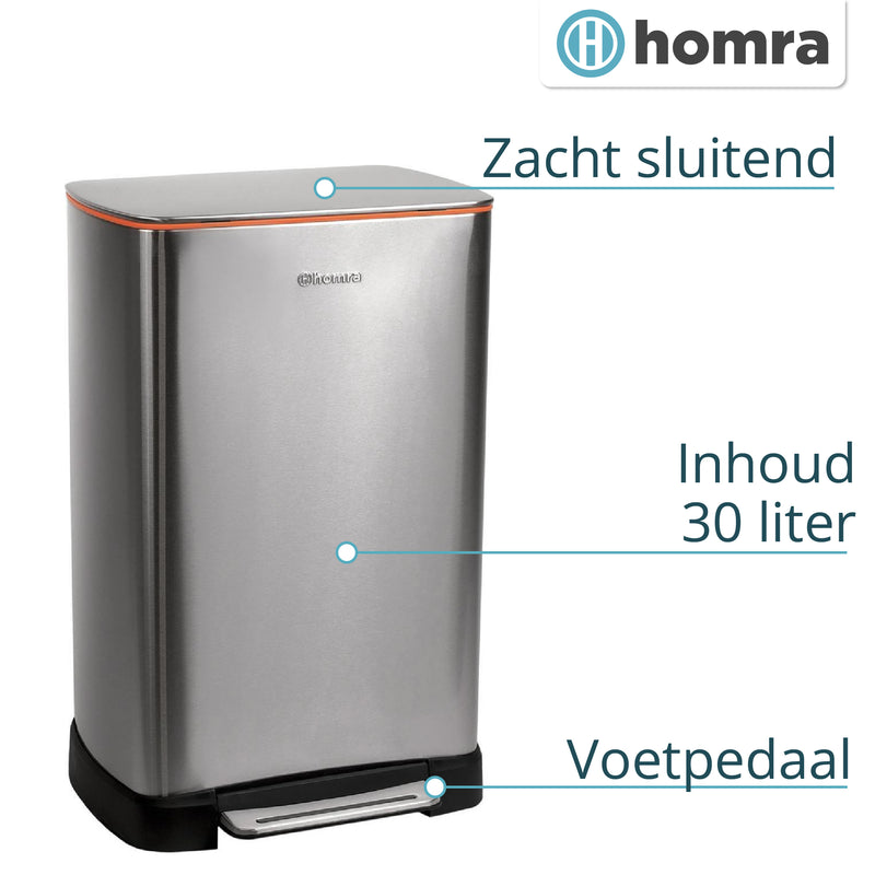 Pedaalemmer RVS 50 liter - Prullenbak met Pedaal Homra KONIQ  - 50L Zilver - Automatische Lucht Filter - Odor Control Filter - Softclose Deksel - Design Afvalemmer - Duurzaam Vingerafdrukvrij en Vuilafstotend RVS - Keuken en Kantoor Vuilbak