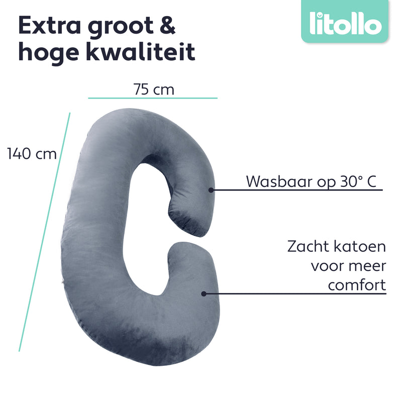 Litollo® Zwangerschapskussen (C-vorm) hoes fleece XXL 280cm - Grijs