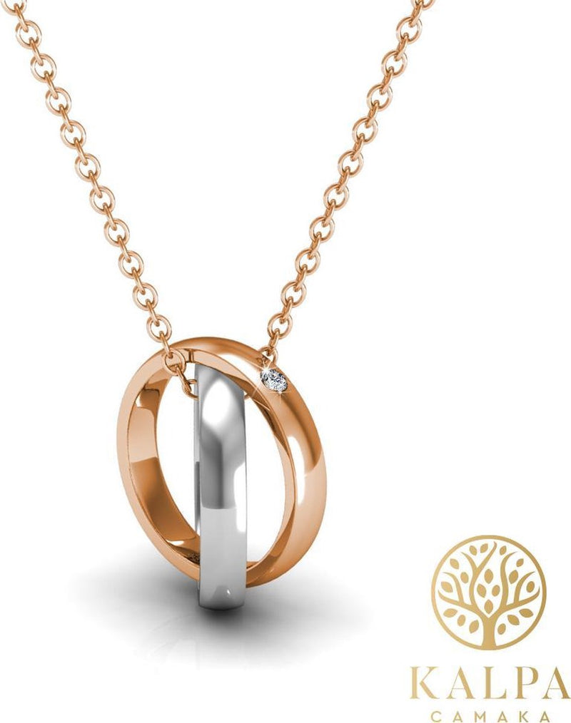 Yolora Dames Ketting met Kalpa Camaka Kristal - Hanger Ringen - Zilver- en Rosé kleurig - 18K Witgoud en Roségoud Verguld - Vrouwen Collier Zilver/Rose gold - Cadeauverpakking