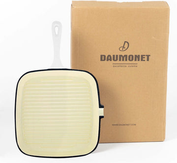 Daumonet Auguste Blanc Gusseisengrill Pfanne - Steakpfanne - Quadrat mit Ausgießen - 23,5 cm - 2 Liter - Emaille - geeignet für alle Wärmequellen - Elektrisch - Gas - Halogen - Induktion - Keramik - Geschirrspüler resistant