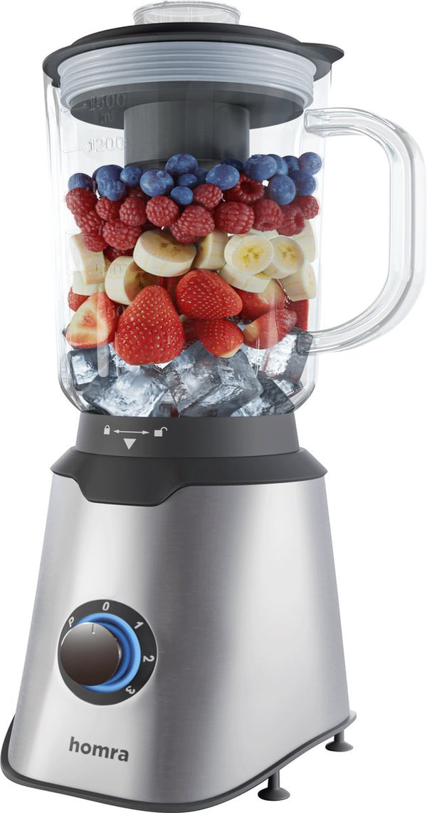 Homra Blender met glazen schenk kan - 1500 ml - 1000 Watt - RVS - Met Handige Maatbeker - BPA vrij - 1,5 Liter - 3 Standen - Anti-Slip onderkant - Pulse Knop - Mengkom van Glas - Smoothie Maker - IJscrush - Vaatwasserbestendig