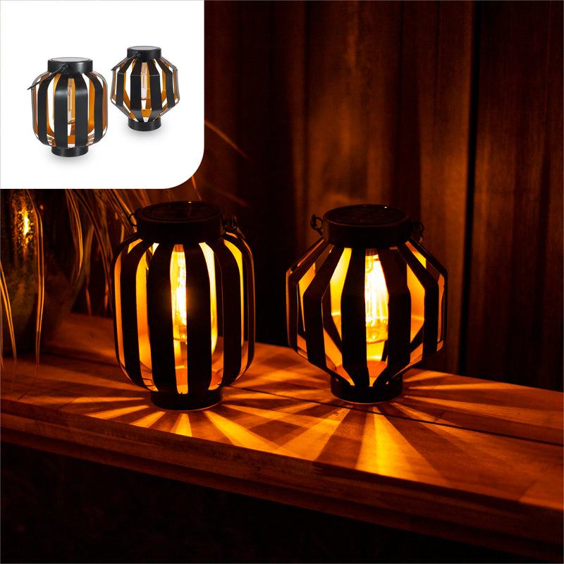 Gadgy solar lantern light bulb - set of 2 - black - metal - solar garden lighting on solar energy - LED outdoor lighting with day/night sensor - table lamp - hanging lamp - garden lantern - 20.5 x Ø 18 cm