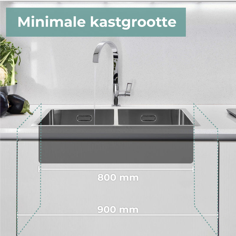 Mizzo Dubbele Spoelbak 40-40X40CM - Wasbak Keuken - vanaf 90cm kast - Onderbouw / Vlakbouw / Inbouw - Spoelunit met 2 bakken - Rechte binnenhoeken (R 0mm) - RVS 1.2mm dik