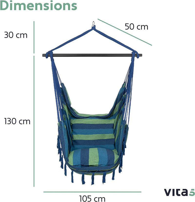 Vita5 hanging chair for outside, stable and safe hanging chair, stylish hanging chair, for indoors and outdoors, swing for adults and children, comfortable boho room decoration, 250 kg bearing capacity (green/blue)