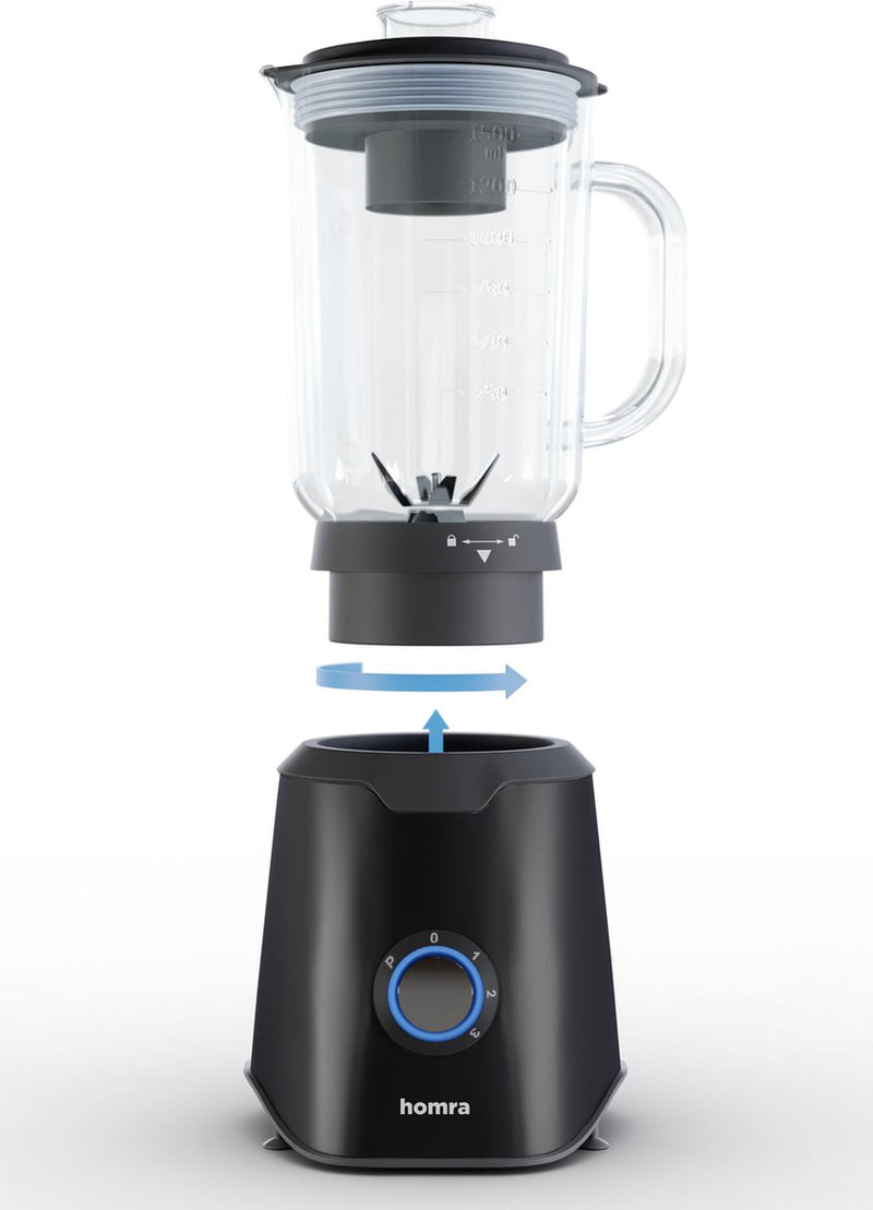 Homra Blender met glazen schenk kan - 1500 ml - 1000 Watt - Zwart - RVS - Met Handige Maatbeker - BPA vrij - 1,5 Liter - 3 Standen - Anti-Slip onderkant - Pulse Knop - Mengkom van Glas - Smoothie Mixer - IJscrush – Vaatwasserbestendig