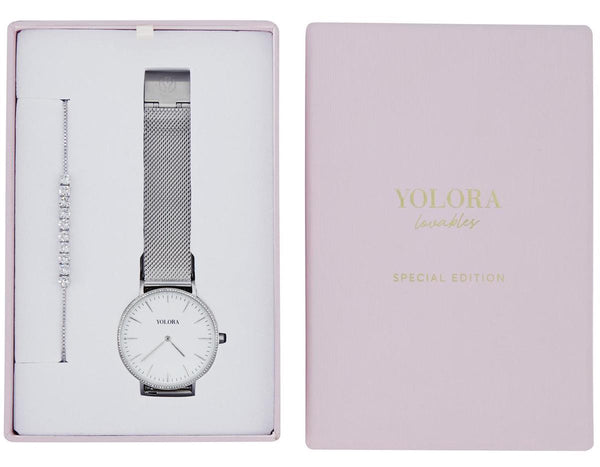 Yolora Luxury Giftbox - Silberfarbenes Armband und Edelstahl Uhr - 130 Kalpa Camaka Crystal